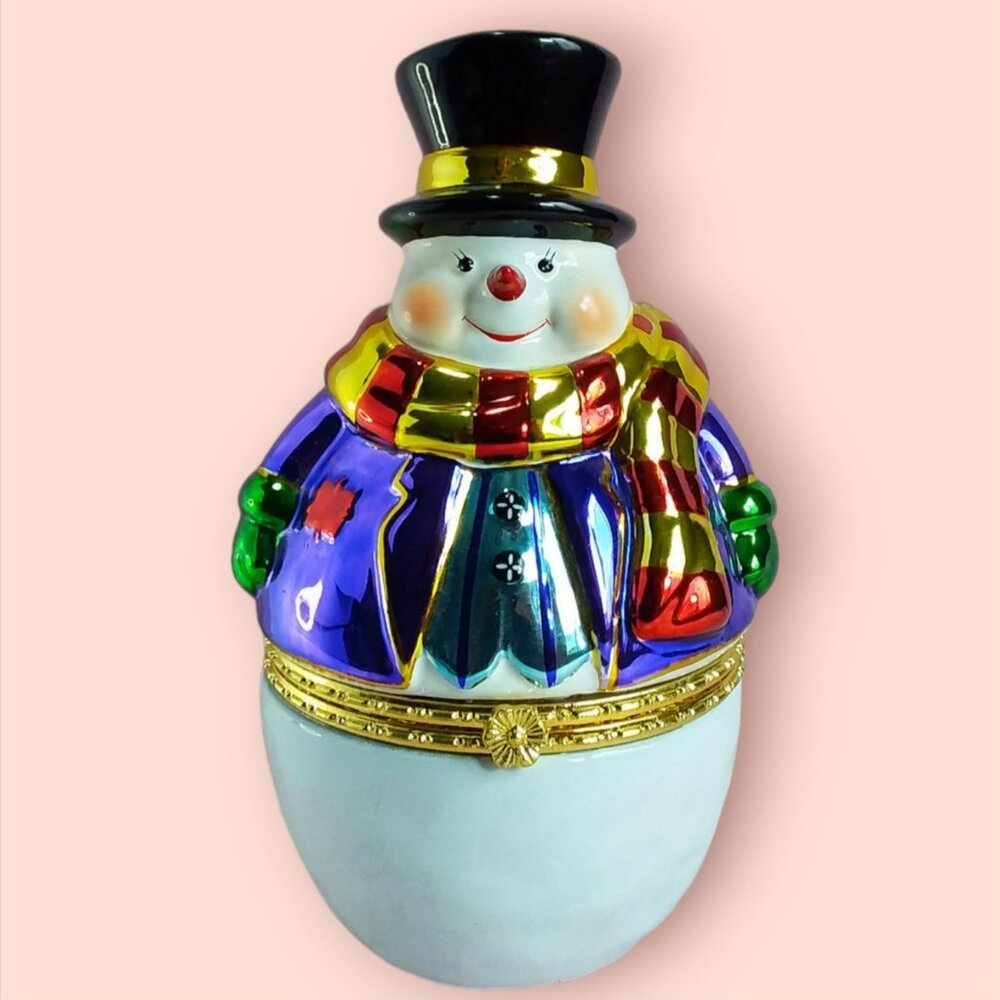 Vintage Christopher Radko Ceramic Snowman Hinged Candy Trinket Box Christmas